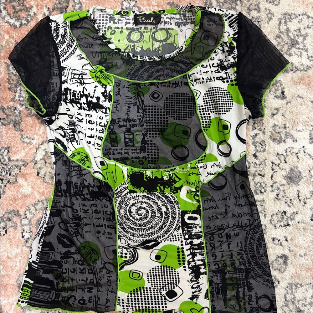 Bali Green, Black & White Graphic Mesh Scoop Neck Top - Bali
